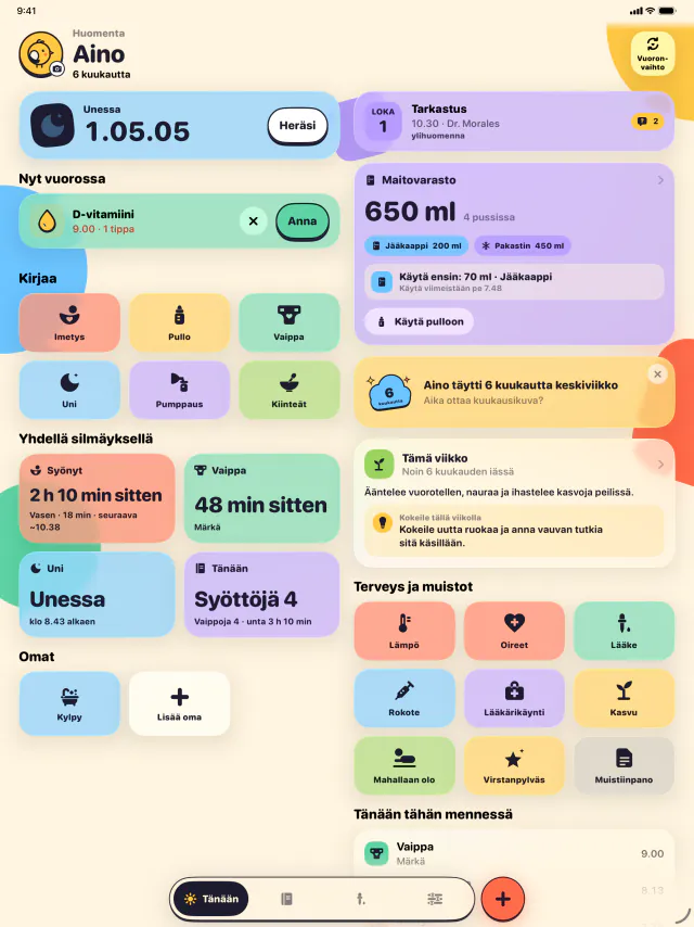 iPad · Imetykset, unet ja vaipat yhdellä napautuksella
