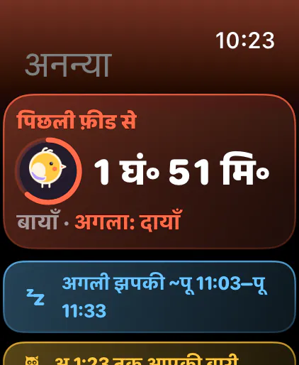 पिछली फ़ीड के बाद का समय, अगली तरफ़ के साथ